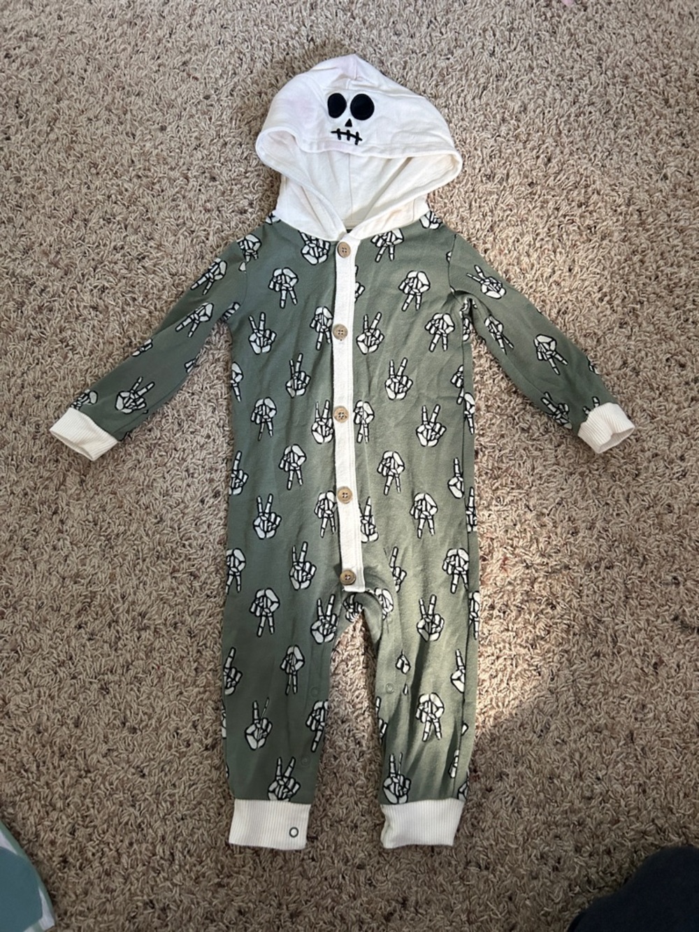 wonder nation Olive Green Hooded Footie with White Skull Hood